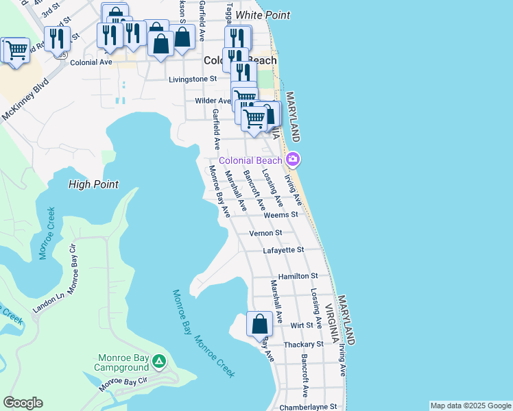 map of restaurants, bars, coffee shops, grocery stores, and more near 211 Bancroft Avenue in Colonial Beach