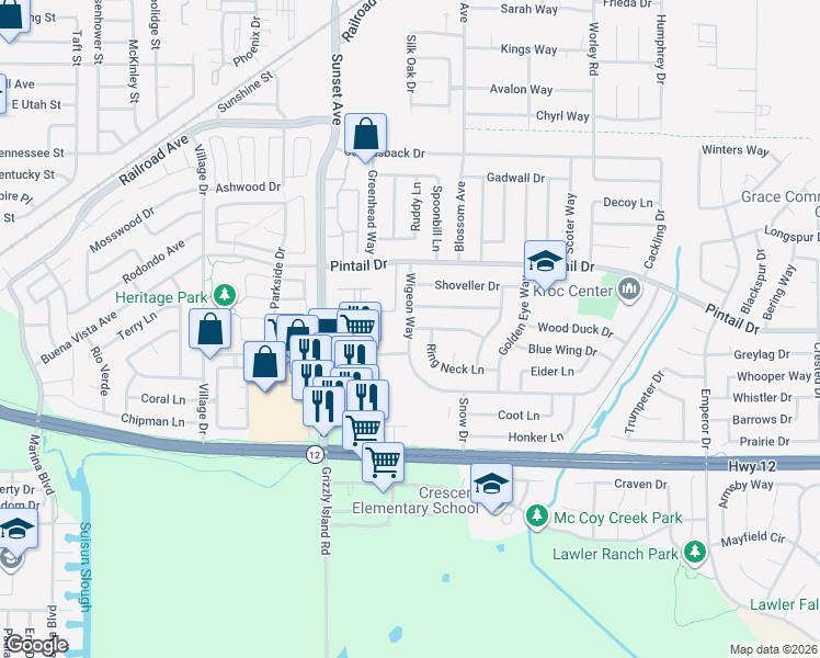 map of restaurants, bars, coffee shops, grocery stores, and more near Bald Pate Dr & Wigeon Way in Suisun City