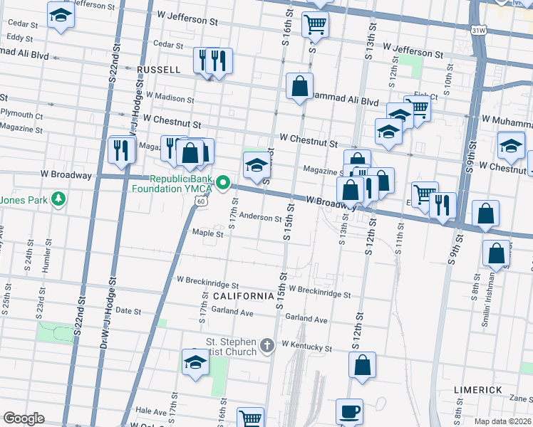 map of restaurants, bars, coffee shops, grocery stores, and more near 1510 Anderson Street in Louisville