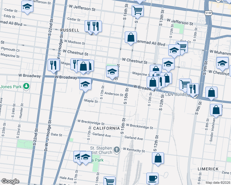 map of restaurants, bars, coffee shops, grocery stores, and more near 1510 Anderson Street in Louisville