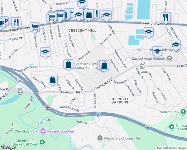 map of restaurants, bars, coffee shops, grocery stores, and more near 2825 Lexington Road in Louisville