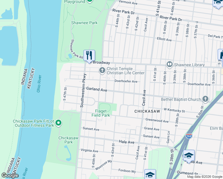 map of restaurants, bars, coffee shops, grocery stores, and more near 754 South 44th Street in Louisville