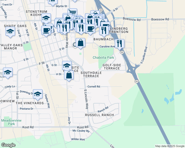 map of restaurants, bars, coffee shops, grocery stores, and more near 826 Meladee Lane in Galt