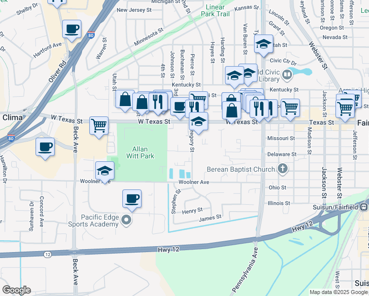 map of restaurants, bars, coffee shops, grocery stores, and more near 1620 Park Lane in Fairfield