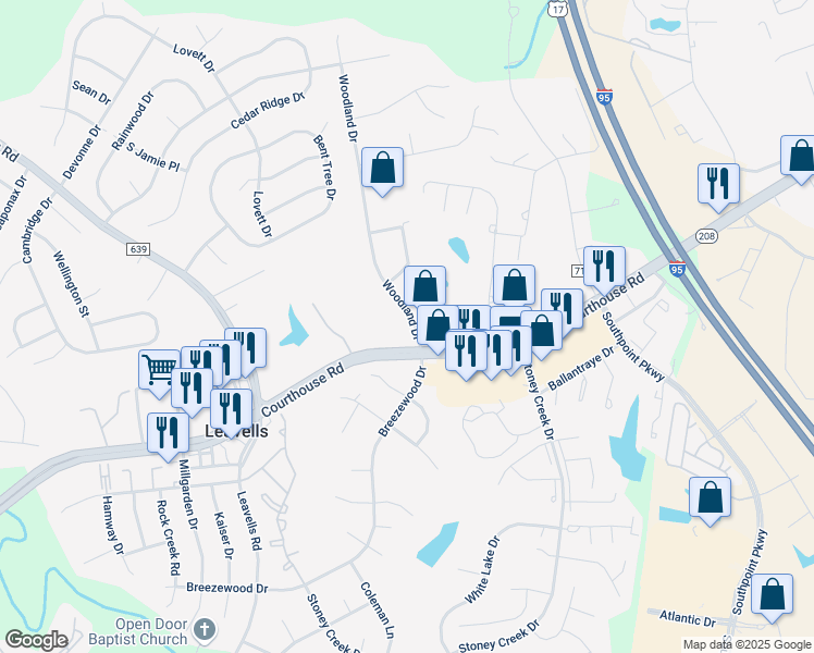 map of restaurants, bars, coffee shops, grocery stores, and more near 10502 Woodland Drive in Fredericksburg