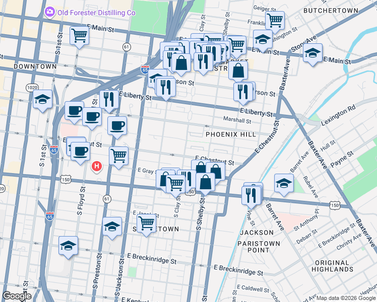 map of restaurants, bars, coffee shops, grocery stores, and more near in Louisville