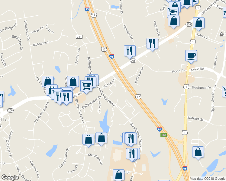 map of restaurants, bars, coffee shops, grocery stores, and more near 10609 Greta Lynn Court in Fredericksburg