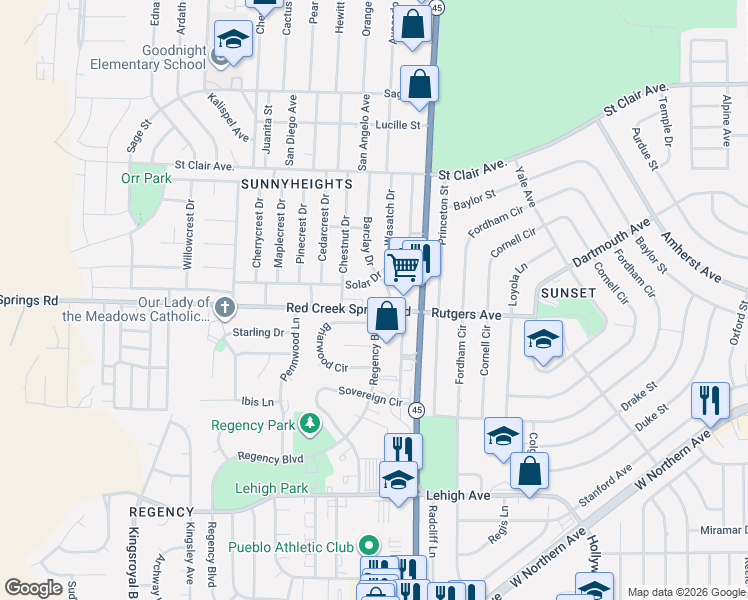 map of restaurants, bars, coffee shops, grocery stores, and more near 1103 Pueblo Boulevard Way in Pueblo