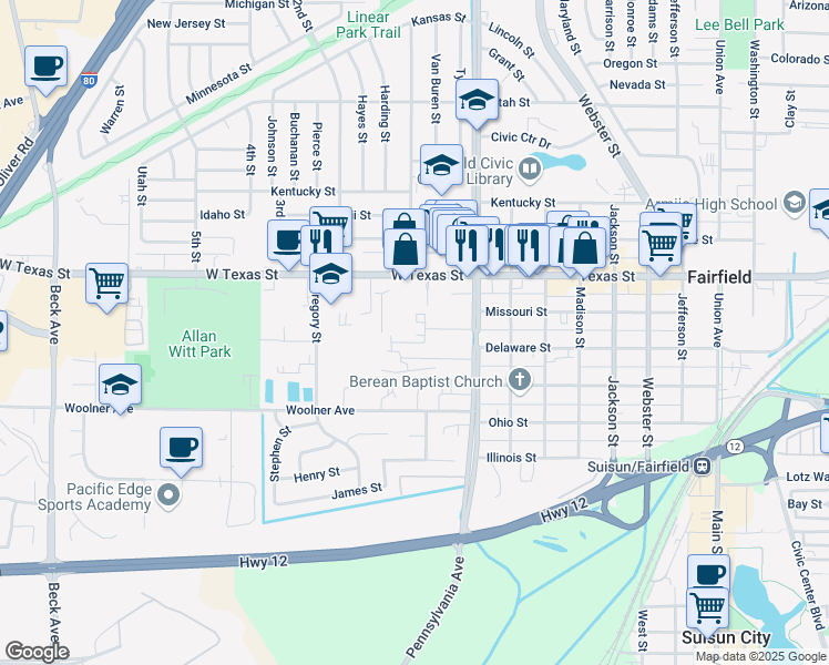 map of restaurants, bars, coffee shops, grocery stores, and more near 1335 Crowley Lane in Fairfield