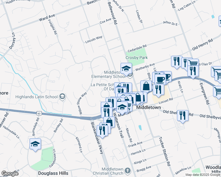 map of restaurants, bars, coffee shops, grocery stores, and more near 324 Heritage Hill Trail in Louisville