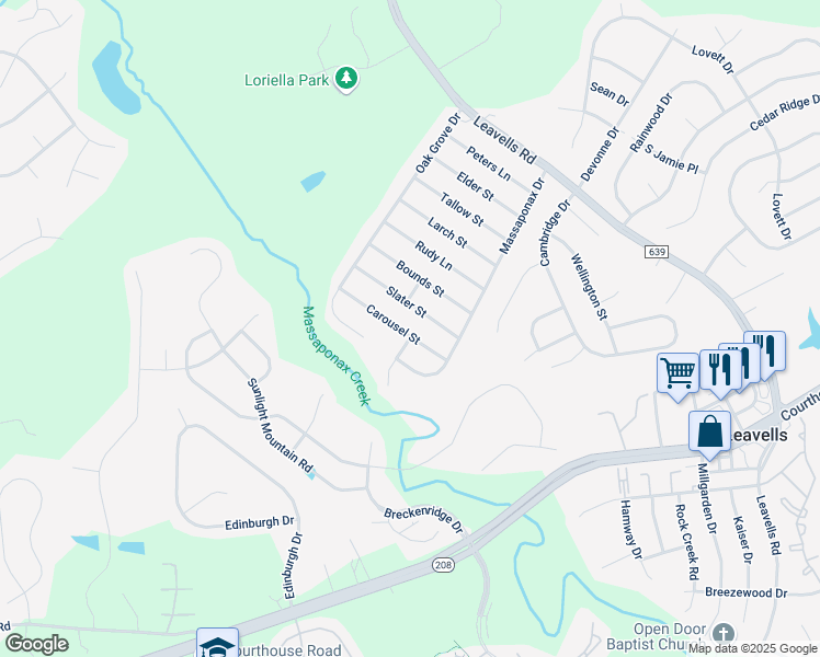 map of restaurants, bars, coffee shops, grocery stores, and more near 5511 Carousel Street in Fredericksburg