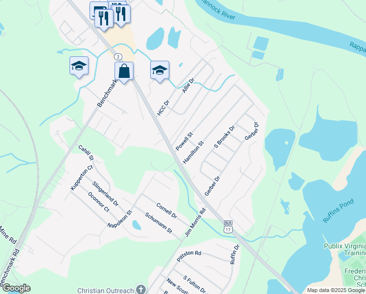 map of restaurants, bars, coffee shops, grocery stores, and more near 100 Powell Street in Fredericksburg