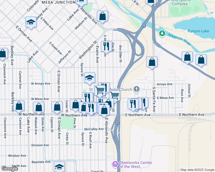 map of restaurants, bars, coffee shops, grocery stores, and more near 1125 Elm Street in Pueblo