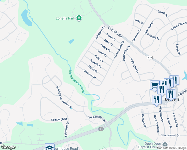 map of restaurants, bars, coffee shops, grocery stores, and more near 5511 Carousel Street in Fredericksburg