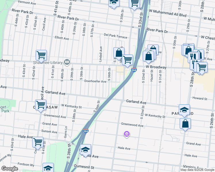 map of restaurants, bars, coffee shops, grocery stores, and more near 823 South 36th Street in Louisville