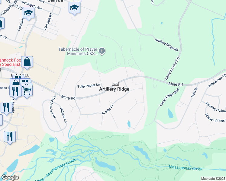map of restaurants, bars, coffee shops, grocery stores, and more near 4220 Mine Road in Fredericksburg