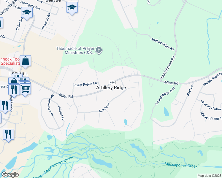 map of restaurants, bars, coffee shops, grocery stores, and more near 4220 Mine Road in Fredericksburg