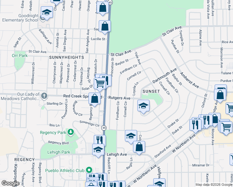 map of restaurants, bars, coffee shops, grocery stores, and more near 16 Rutgers Avenue in Pueblo