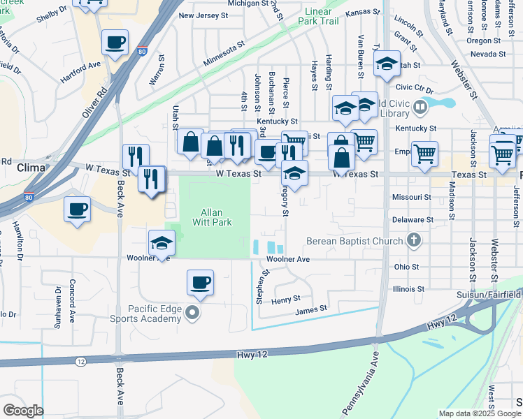 map of restaurants, bars, coffee shops, grocery stores, and more near 1650 Park Lane in Fairfield
