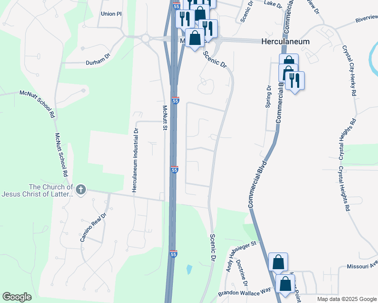 map of restaurants, bars, coffee shops, grocery stores, and more near 830 Sheraton Lane in Herculaneum