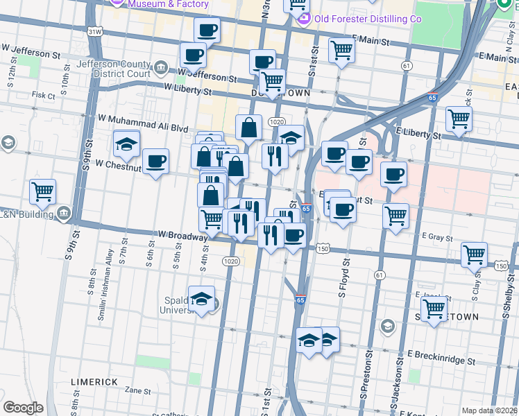 map of restaurants, bars, coffee shops, grocery stores, and more near 642 South 2nd Street in Louisville