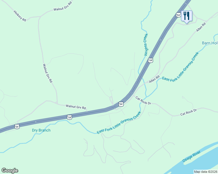map of restaurants, bars, coffee shops, grocery stores, and more near Co Road 54-58 in Eldon