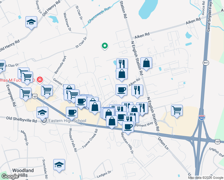 map of restaurants, bars, coffee shops, grocery stores, and more near 12203 Garrett Park Lane in Louisville