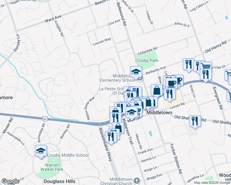 map of restaurants, bars, coffee shops, grocery stores, and more near 324 Heritage Hill Trail in Louisville