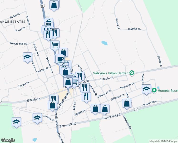 map of restaurants, bars, coffee shops, grocery stores, and more near 134 North Madison Street in Orange
