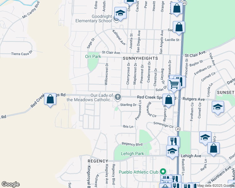 map of restaurants, bars, coffee shops, grocery stores, and more near 2944-3084 Red Creek Springs Road in Pueblo