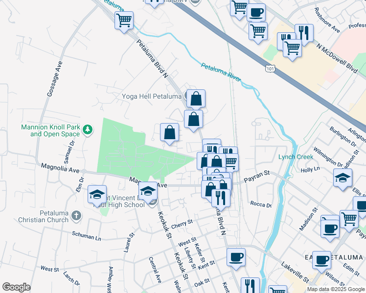 map of restaurants, bars, coffee shops, grocery stores, and more near 116 Acorn Drive in Petaluma