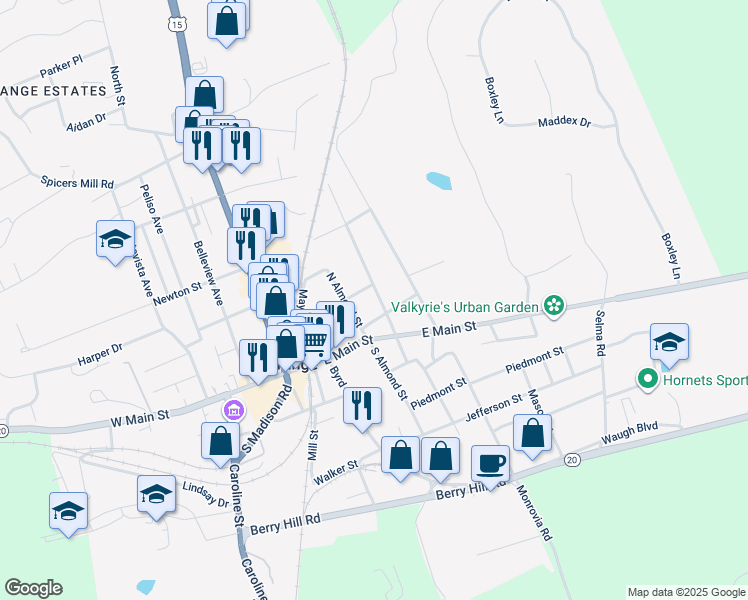 map of restaurants, bars, coffee shops, grocery stores, and more near 134 North Madison Street in Orange