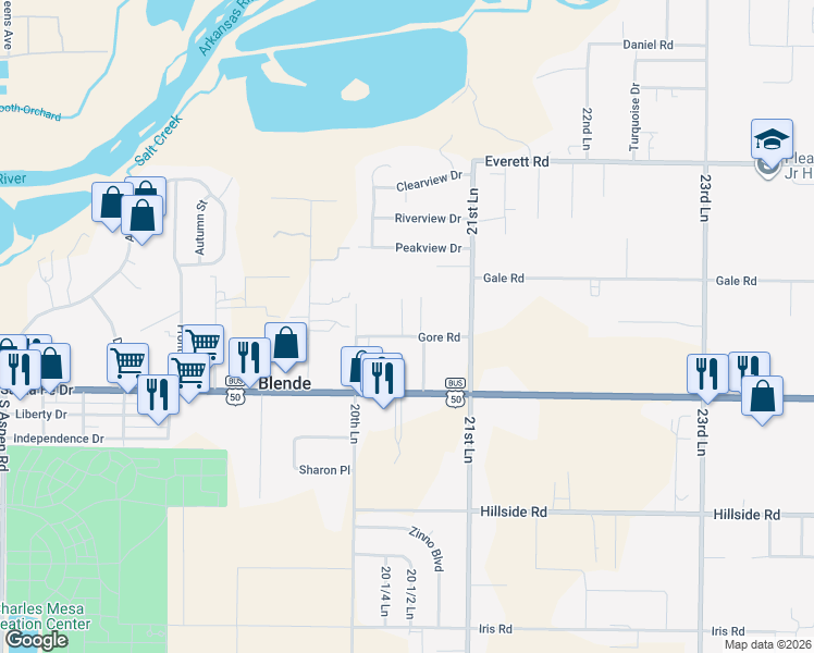 map of restaurants, bars, coffee shops, grocery stores, and more near 2720 Gore Road in Pueblo