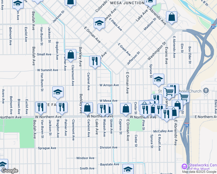 map of restaurants, bars, coffee shops, grocery stores, and more near 1106 West Arroyo Avenue in Pueblo