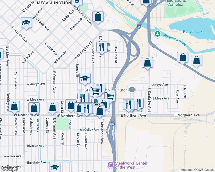 map of restaurants, bars, coffee shops, grocery stores, and more near 1125 Elm Street in Pueblo