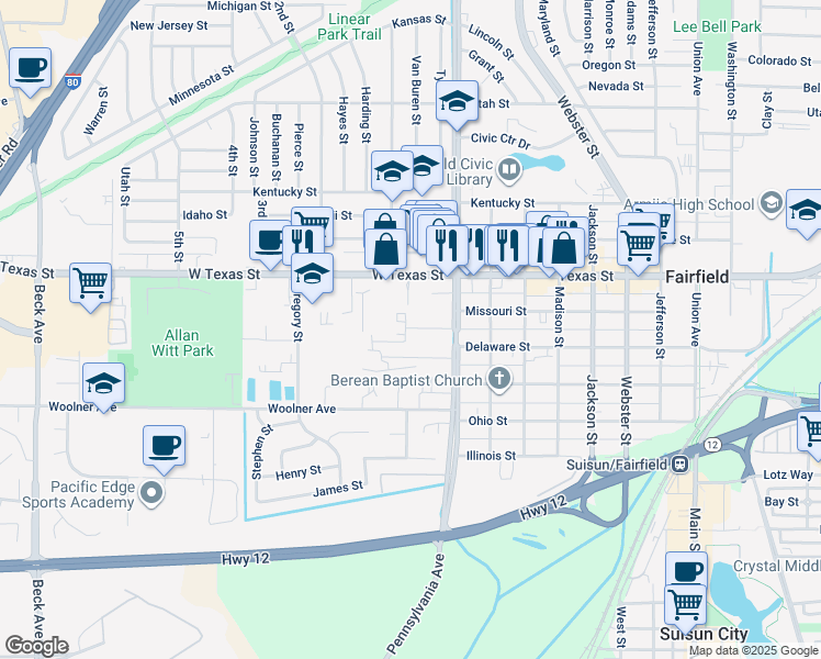 map of restaurants, bars, coffee shops, grocery stores, and more near 1335 Crowley Lane in Fairfield