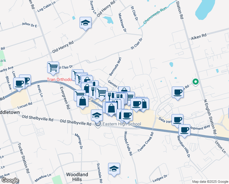 map of restaurants, bars, coffee shops, grocery stores, and more near 221 Juneau Drive in Louisville