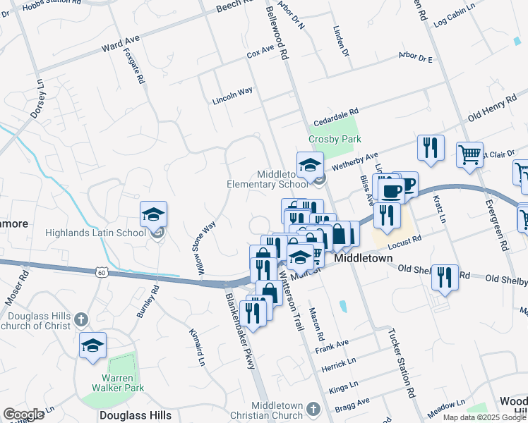 map of restaurants, bars, coffee shops, grocery stores, and more near 324 Heritage Hill Trail in Louisville