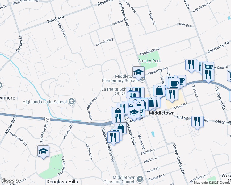 map of restaurants, bars, coffee shops, grocery stores, and more near 324 Heritage Hill Trail in Louisville