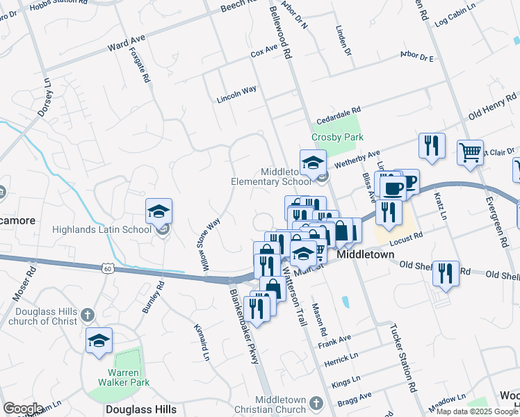 map of restaurants, bars, coffee shops, grocery stores, and more near 324 Heritage Hill Trail in Louisville