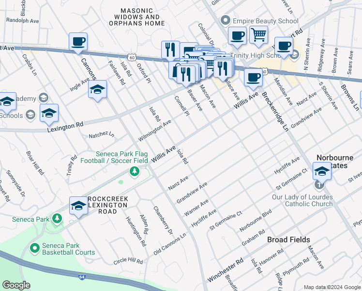 map of restaurants, bars, coffee shops, grocery stores, and more near 3504 Willis Avenue in Louisville