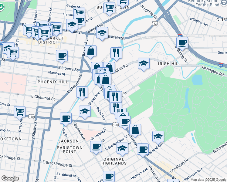 map of restaurants, bars, coffee shops, grocery stores, and more near 1129 Payne Street in Louisville