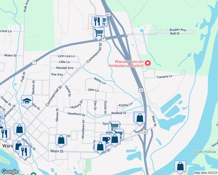 map of restaurants, bars, coffee shops, grocery stores, and more near 88 Dustin Drive in Warsaw