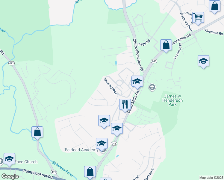 map of restaurants, bars, coffee shops, grocery stores, and more near 21165 Great Mills Road in Lexington Park