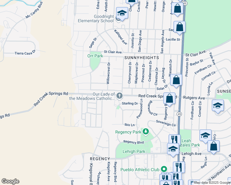 map of restaurants, bars, coffee shops, grocery stores, and more near 4730 Applecrest Drive in Pueblo