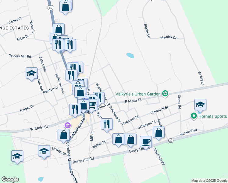 map of restaurants, bars, coffee shops, grocery stores, and more near 129 North Madison Street in Orange