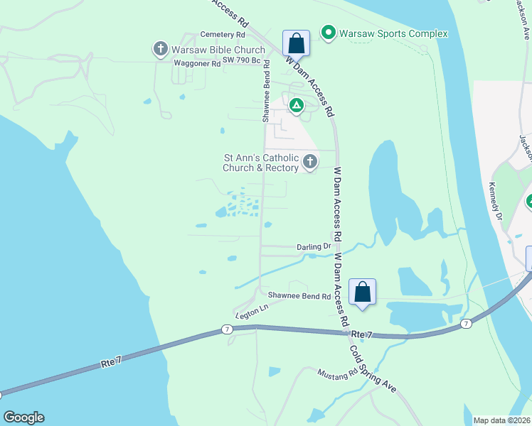 map of restaurants, bars, coffee shops, grocery stores, and more near Shawnee Bend Road in Warsaw