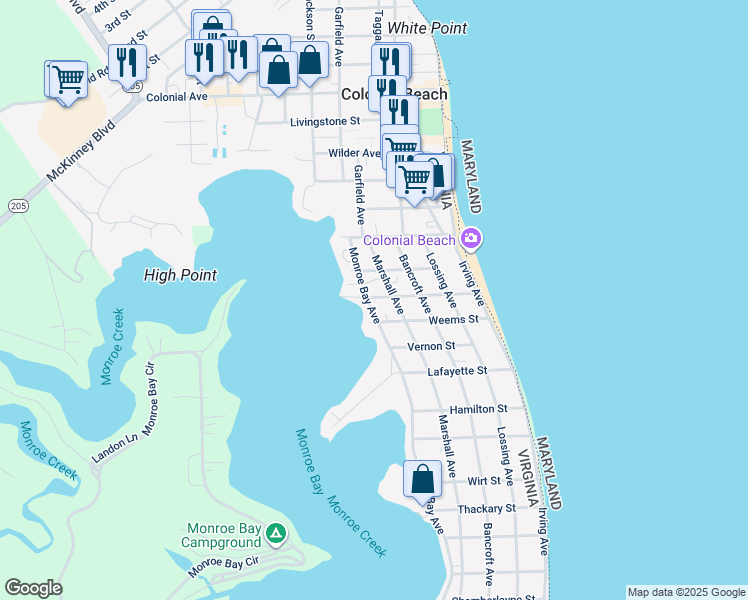 map of restaurants, bars, coffee shops, grocery stores, and more near 216 Monroe Bay Avenue in Colonial Beach