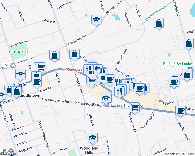 map of restaurants, bars, coffee shops, grocery stores, and more near 12339 Shelbyville Rd in Louisville