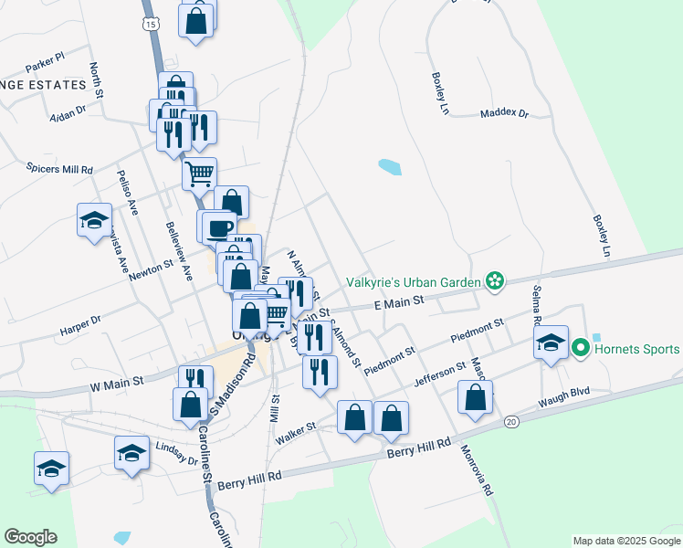 map of restaurants, bars, coffee shops, grocery stores, and more near 129 North Madison Street in Orange